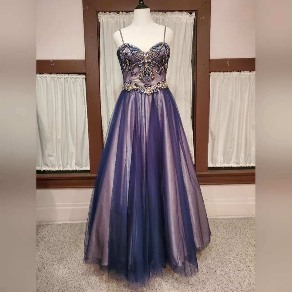 Navy Blue Netting over a Nude tone Lining Ball Gown
